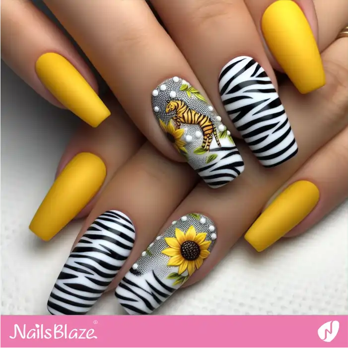 Matte Zebra Print Nails with a Sunflower | Animal Print Nails - NB2483